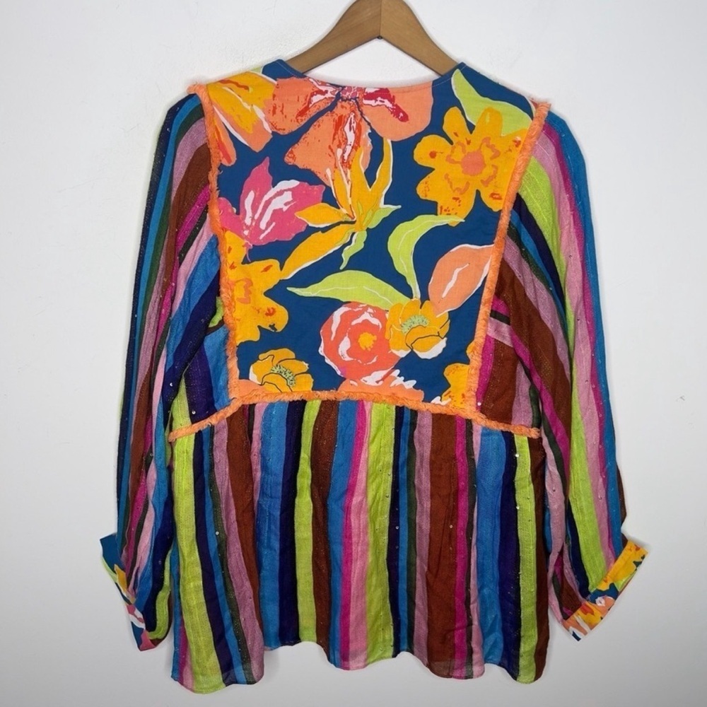 Anthropologie Verb Pallavi Singhee Floral Striped Beaded Boho Babydoll Blouse - Picture 7 of 11